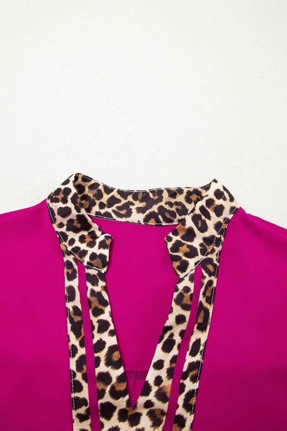 Violet Leopard Patchwork Trim Split Neck Short Sleeve Blouse