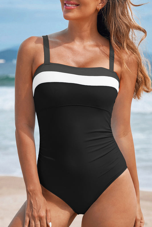 Black Color Block Detail Adjustable Straps One Piece Swimsuit - Snoopy's Closet