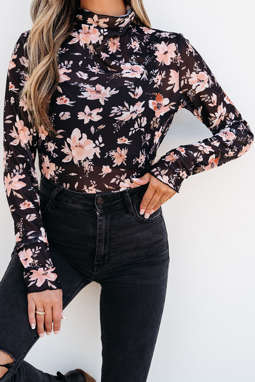 Black Floral Mesh Mock Neck Long Sleeve Slim Fit Top - Snoopy's Closet