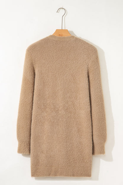 Smoke Gray Fuzzy Buttoned Front Midi Solid Cardigan - Snoopy's Closet