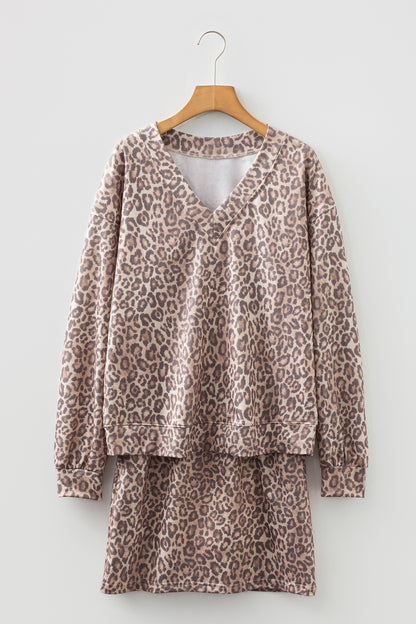 Light French Beige Leopard Print V Neck Pullover Mini Skirt 2pcs Set - Snoopy's Closet