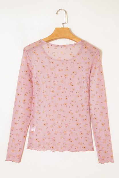 Pink Vintage Floral Print Southern Style Mesh Long Sleeve Top - Snoopy's Closet