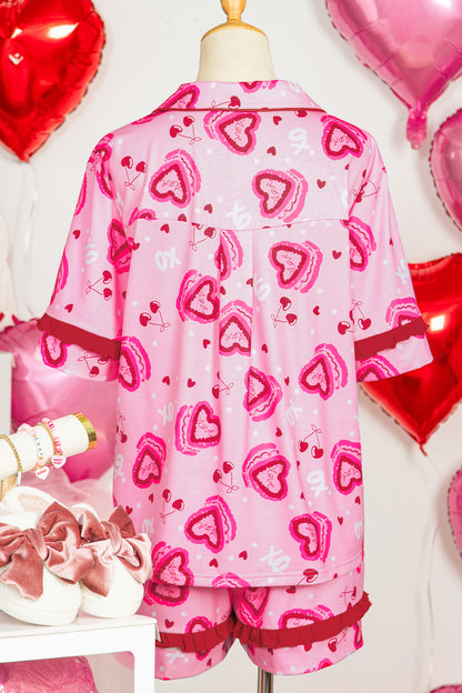 Pijama de 2 piezas de San Valentín con estampado de tarta de corazón rosa en contraste y volantes