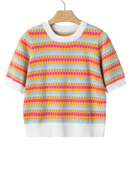Orange Abstract Striped Knit Short Sleeve Sweater - Snoopy's Closet