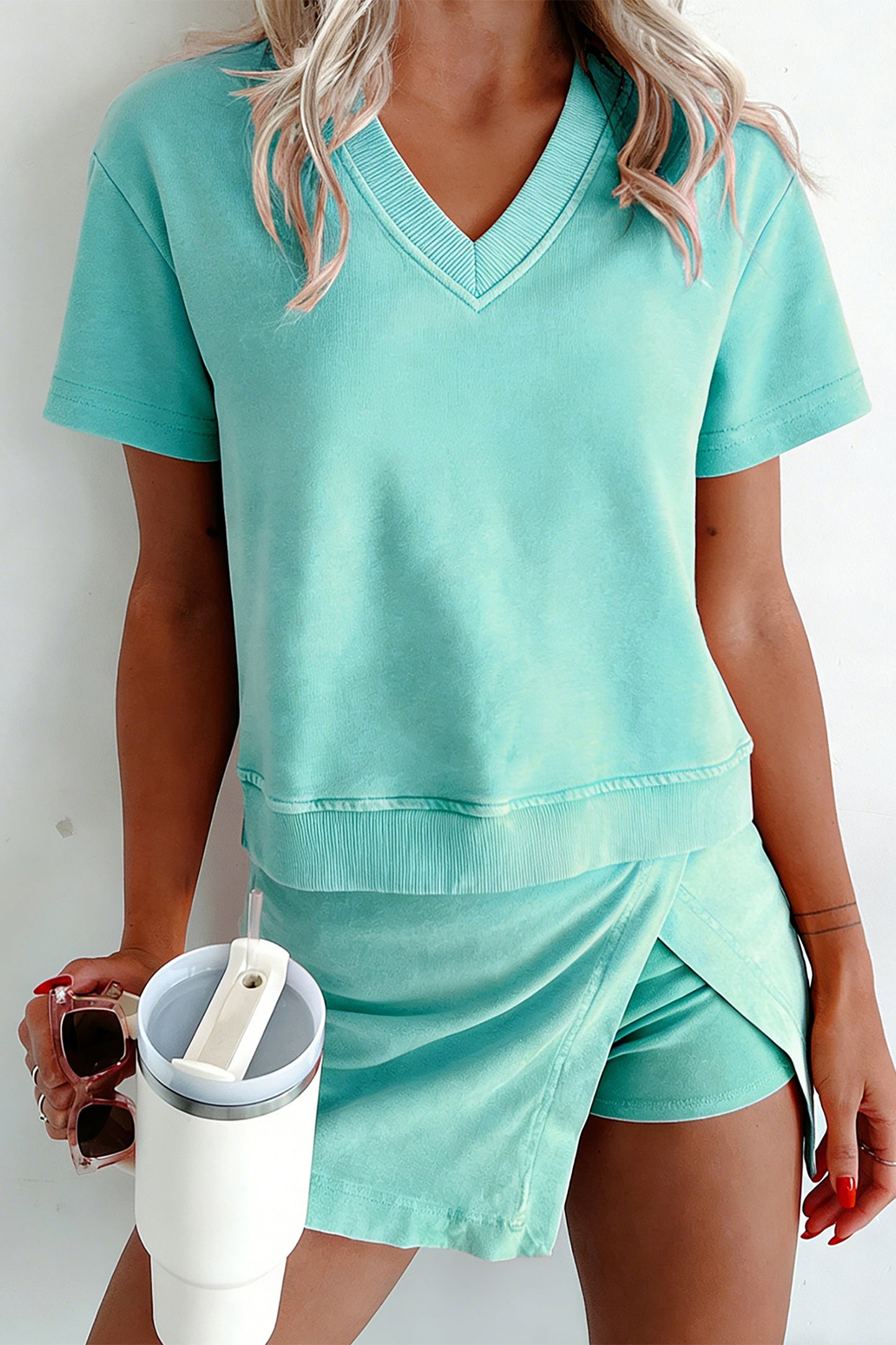 Mint Green Mineral Wash V Neck Tee Matching Skort Set - Snoopy's Closet
