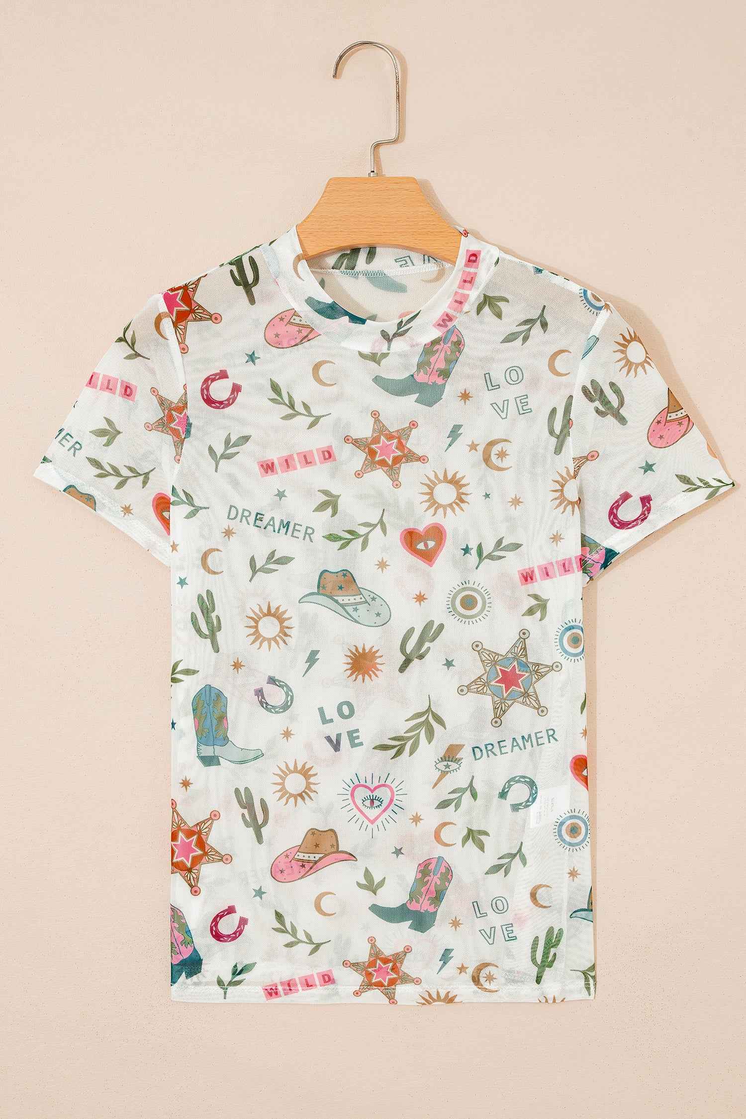White LOVE WILD DREAMER Western Print Sheer Mesh Top