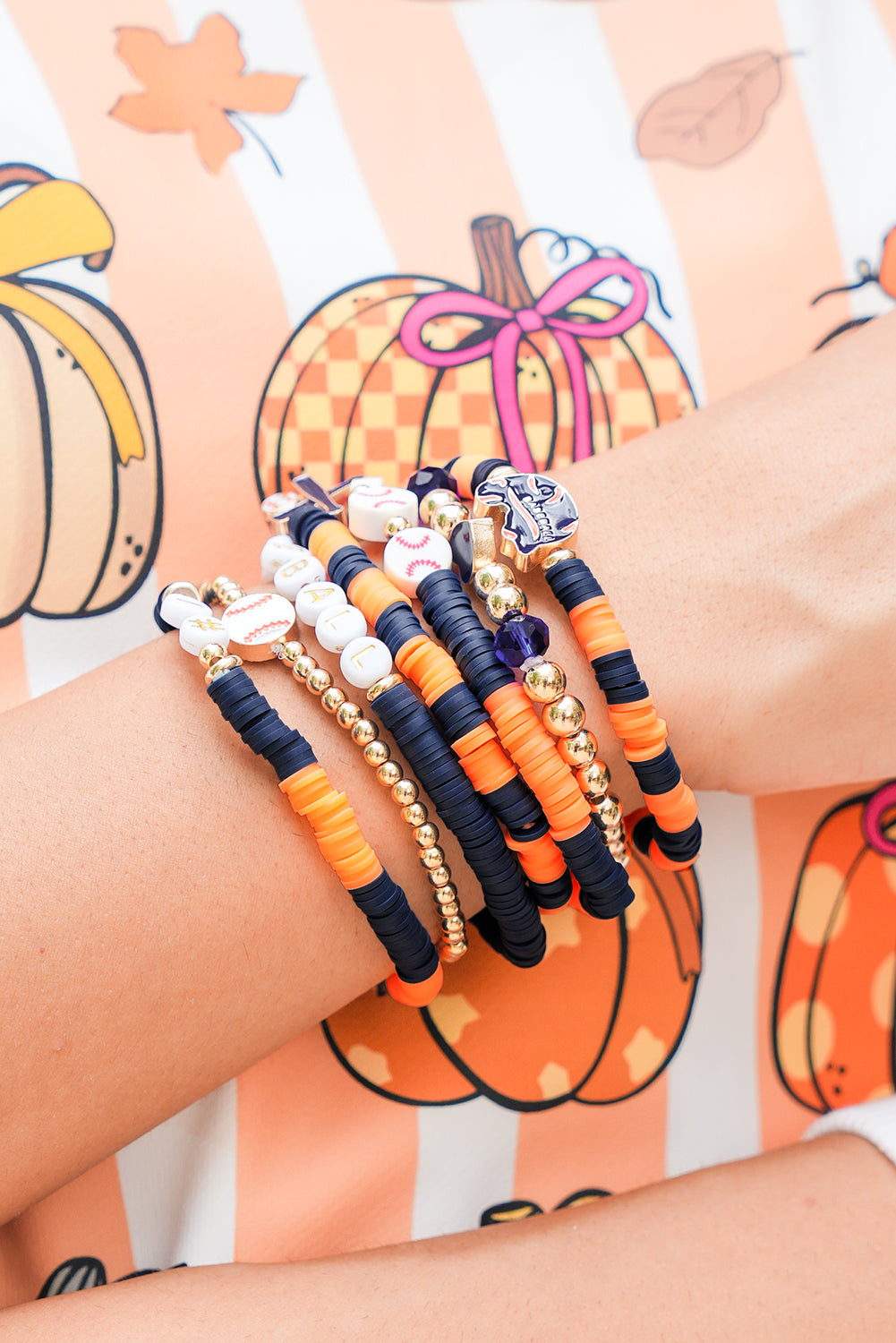 Russet Orange 7pcs Game Day Football Stackable Bracelet Set - Snoopy's Closet