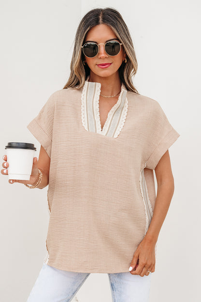Parchment Crochet Lace Accent Pullover Rolled Short Sleeve Blouse - Snoopy's Closet