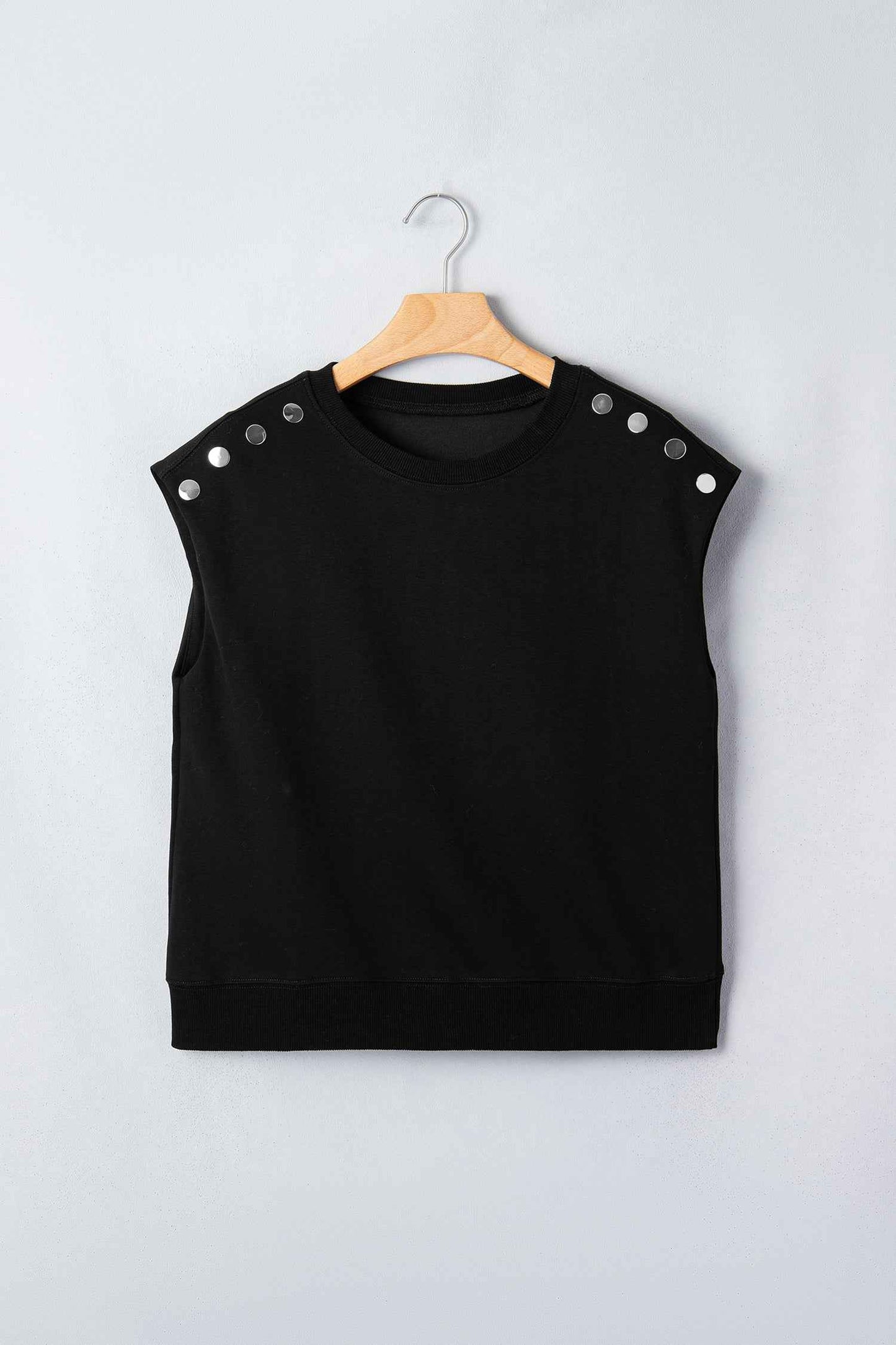 Black Casual Solid Short Sleeve Top with Metal Button Details Key Features