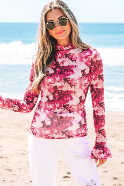 Rose Floral Mesh Flounce Sleeve Mock Neck Blouse - Snoopy's Closet