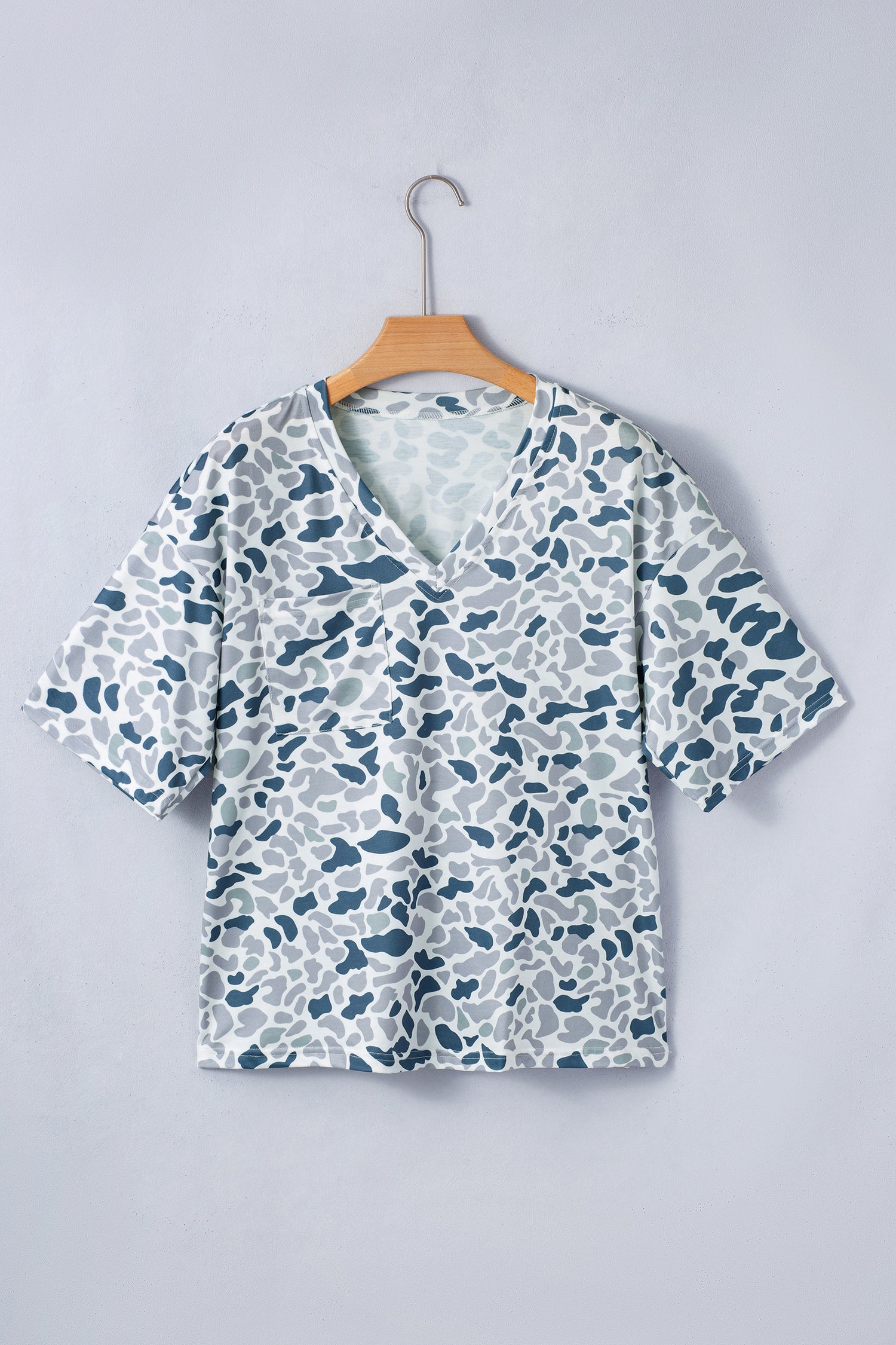 Gray Camouflage Print Single Chest Pocket V Neck Tee - Snoopy's Closet
