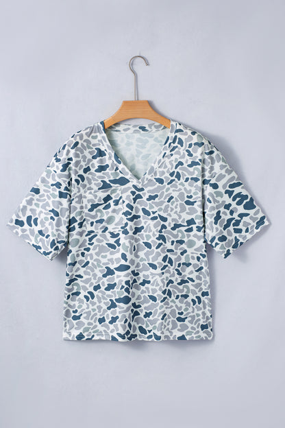Gray Camouflage Print Single Chest Pocket V Neck Tee - Snoopy's Closet