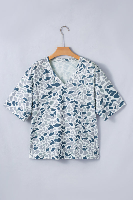 Gray Camouflage Print Single Chest Pocket V Neck Tee - Snoopy's Closet