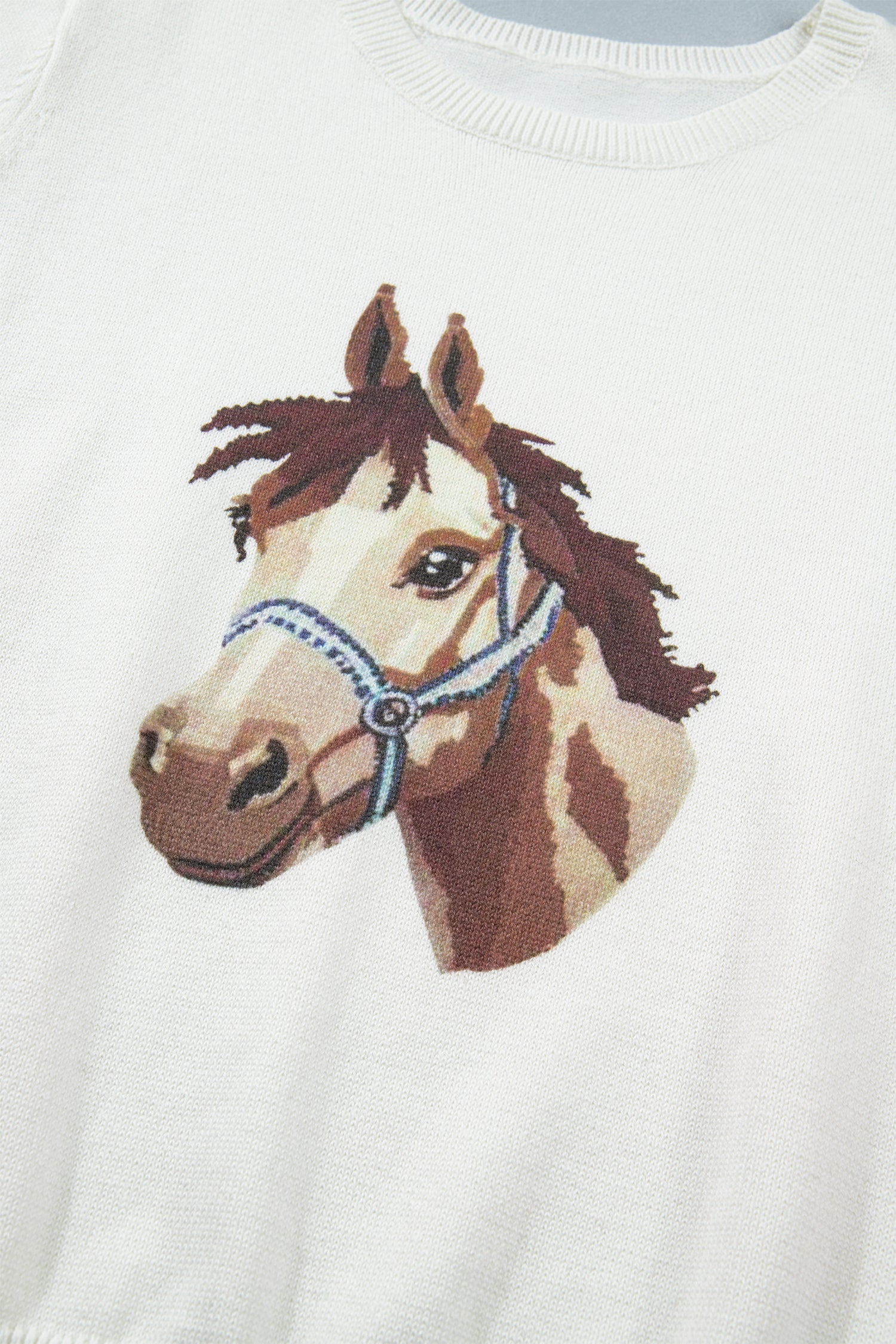White Wild West Horse Head Printed Short Sleeve Sweater - Snoopy's Closet