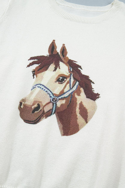 White Wild West Horse Head Printed Short Sleeve Sweater - Snoopy's Closet