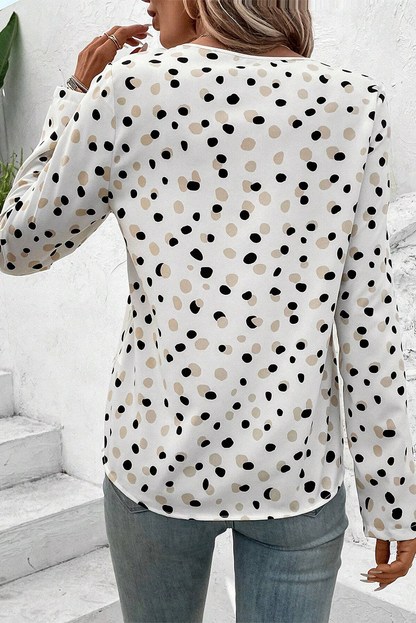 White Polka Dot Print Button Front V Neck Blouse - Snoopy's Closet