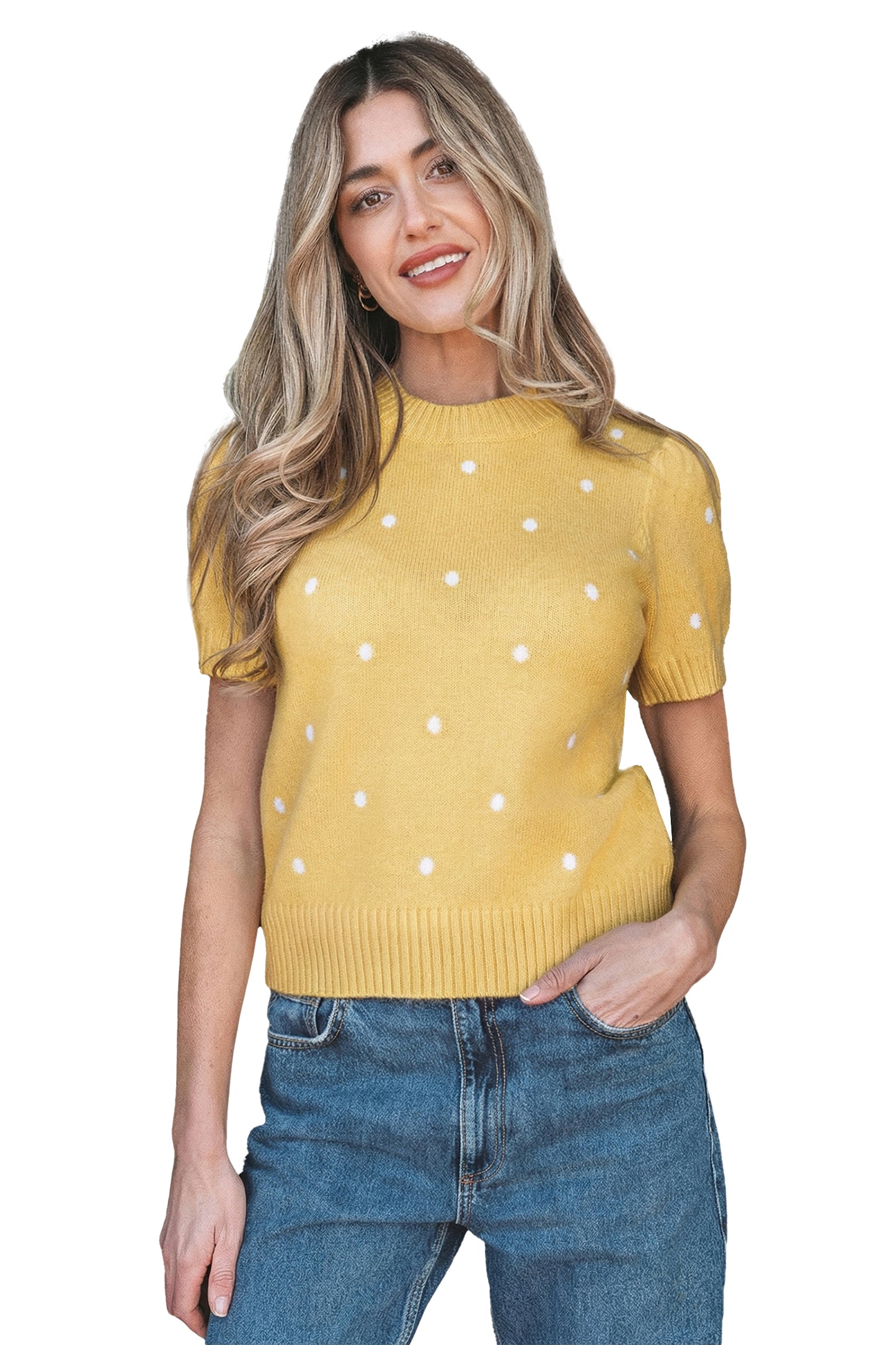 Suéter amarillo crema elegante de manga corta abullonada con lunares