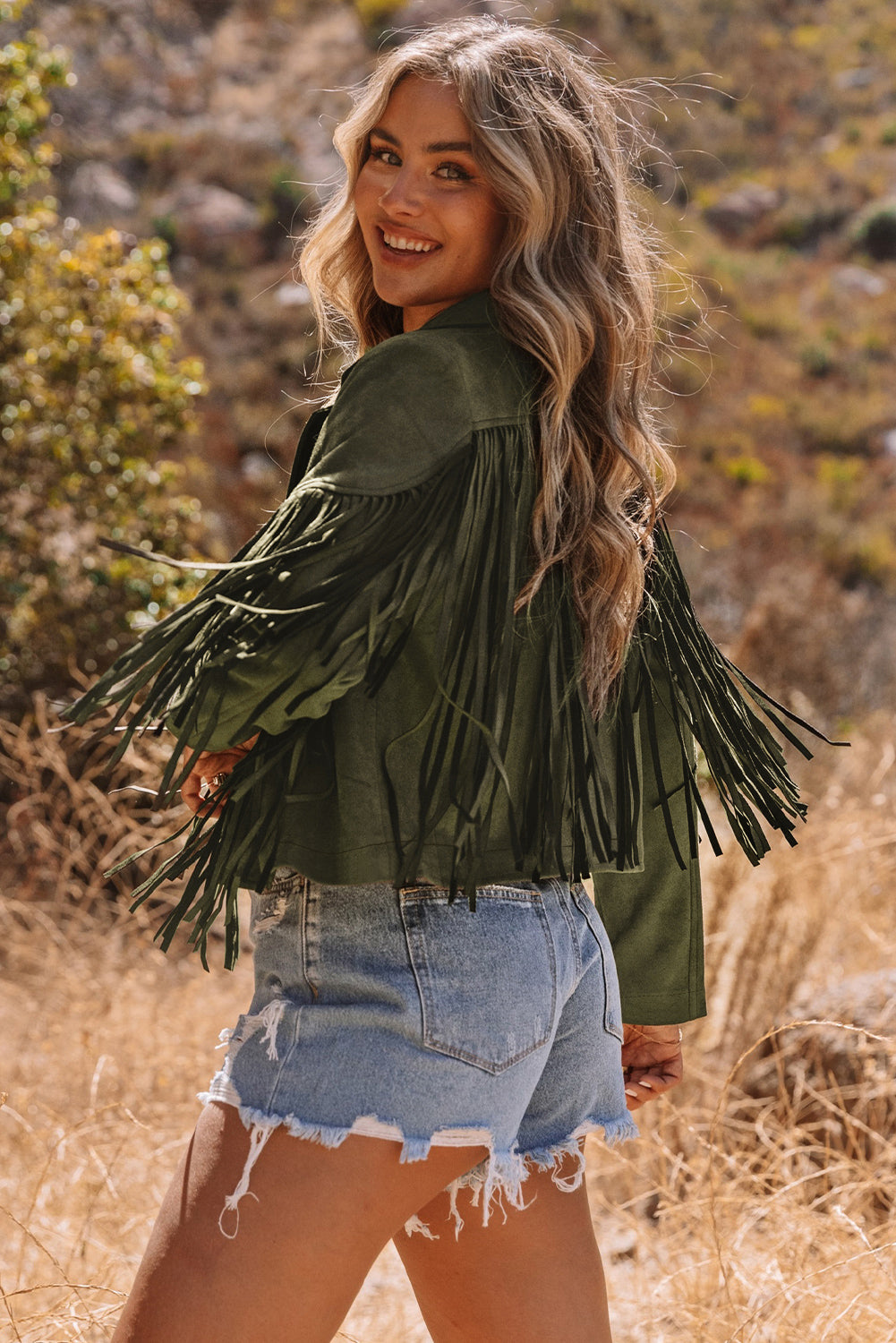 Chaqueta de ante sintético corta verde con flecos