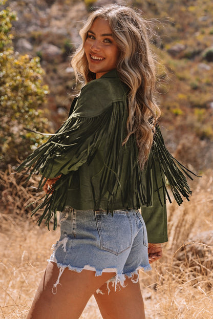 Chaqueta de ante sintético corta verde con flecos