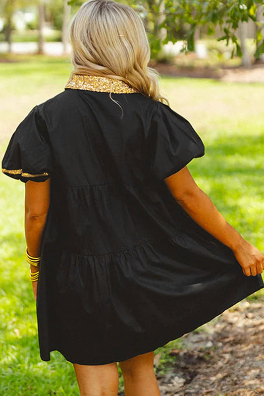 Vestido de manga abullonada con medio botón y ribete de lentejuelas, color negro brillante, con forma de huevo de Pascua
