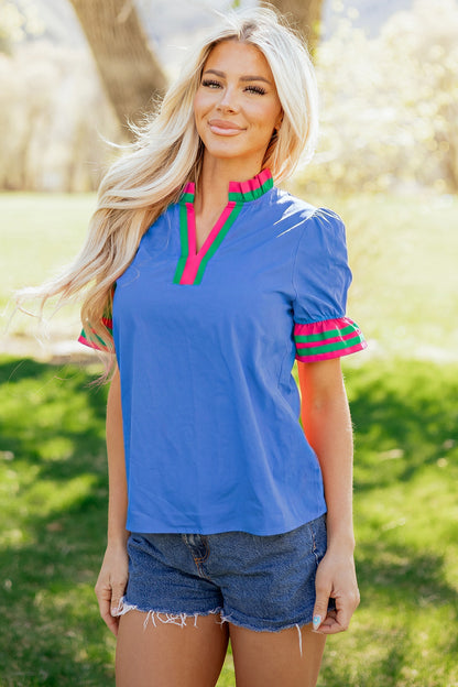 Blusa de manga corta con volantes, cuello con volantes a rayas azul cielo
