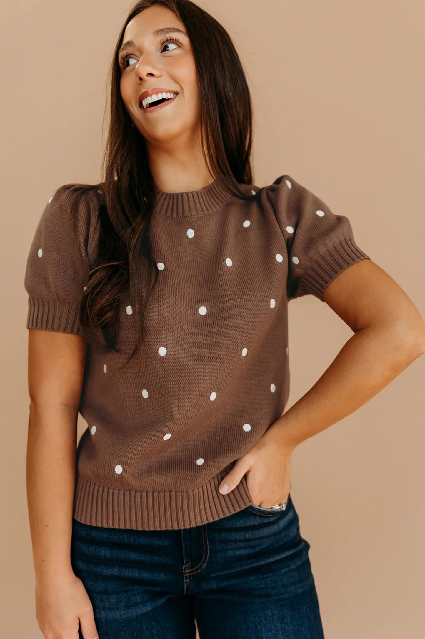 Chestnut Elegant Polka Dot Bubble Short Sleeve Sweater - Snoopy's Closet