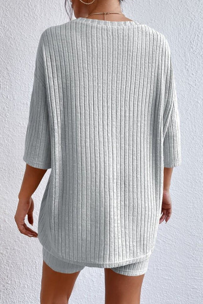 Gray Plain Ribbed Loose Fit Two Piece Lounge Set - Snoopy's Closet