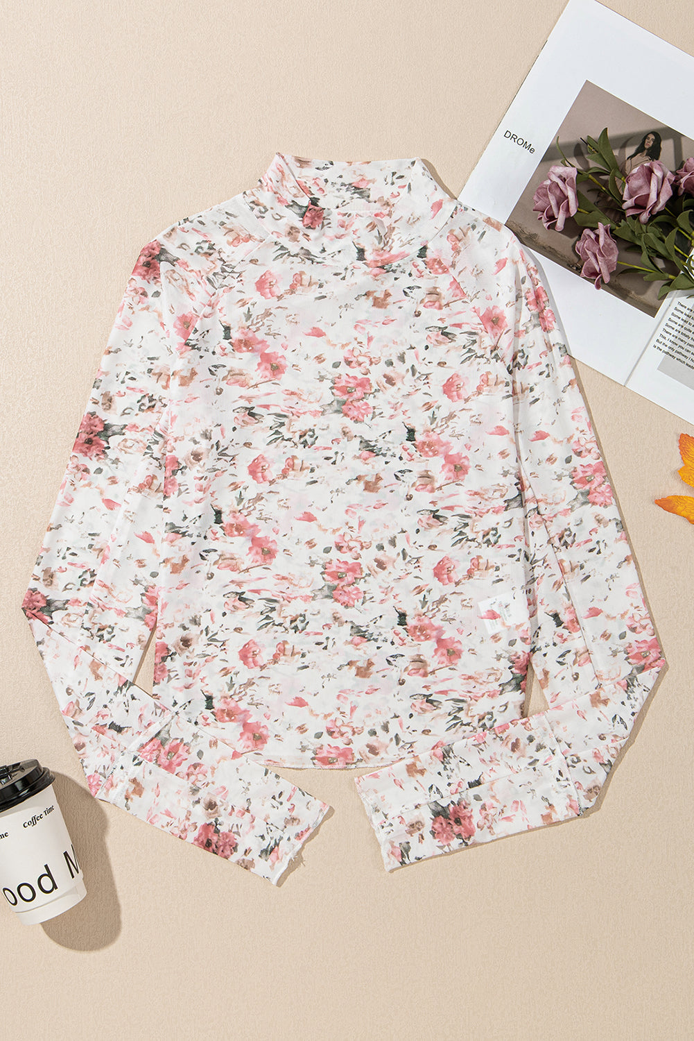 Pink Floral Long Sleeve High Neck Sheath Mesh Top - Snoopy's Closet