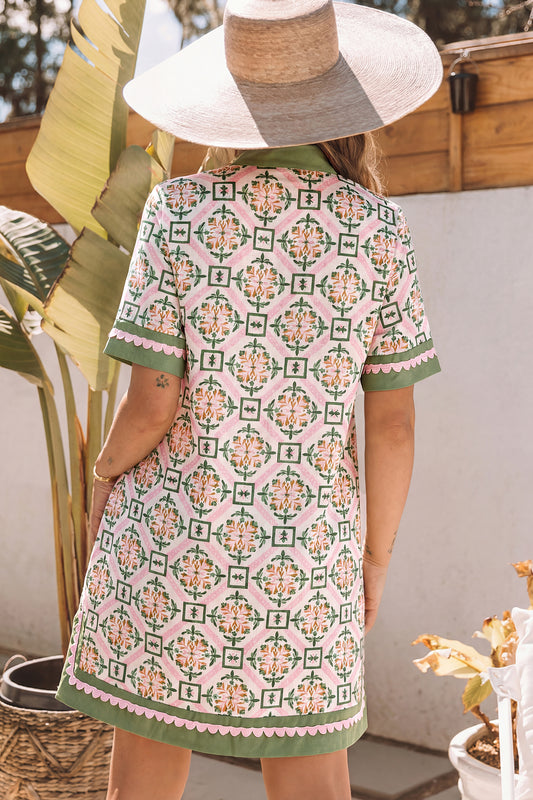 Minivestido suelto de manga corta con estampado geométrico floral bohemio multicolor