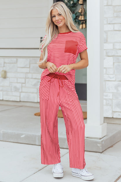 Sky Blue Stripe Crew Neck Tee Drawstring Waist Cropped Pants Set - Snoopy's Closet
