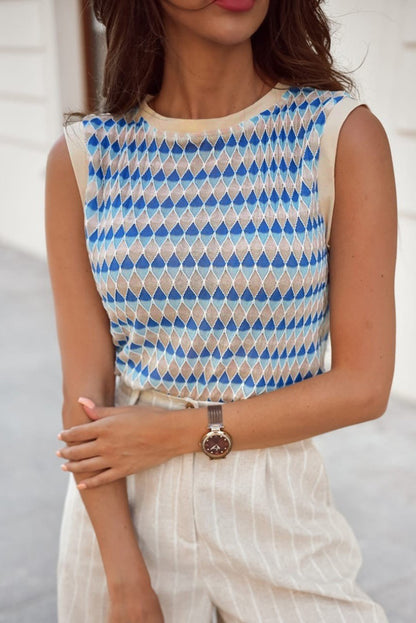Sky Blue Stripe Geometric Print Round Neck Slim Fit Sweater Vest - Snoopy's Closet