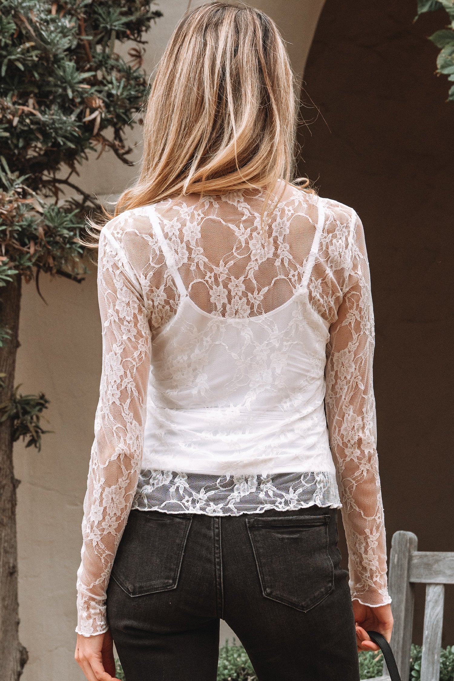 White Sheer Lace Mesh Mock Neck Slim Fit Long Sleeve Top - Snoopy's Closet