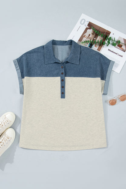 Light Grey Half Buttons Collared Denim Patchwork Plus Short Sleeve Top - Snoopy's Closet