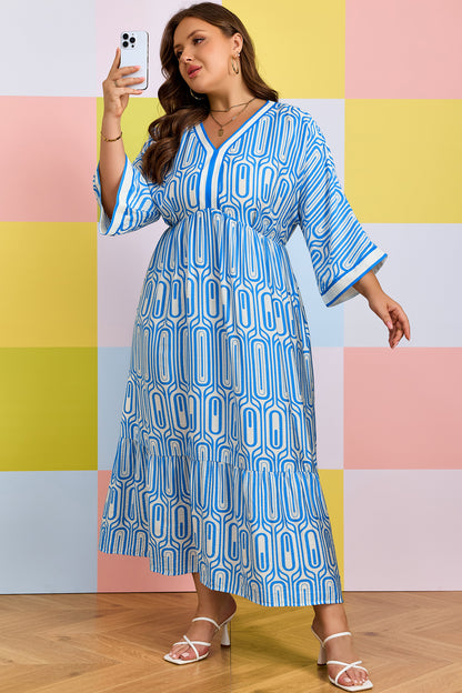 Vestido largo con estampado geométrico de talla grande en azul cielo con ribete en contraste y cuello en V de manga pulsera