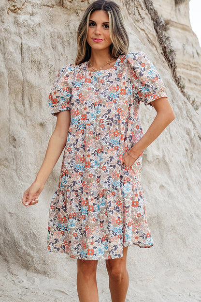 Apricot Bohemian Floral Print Short Puff Sleeve Mini Dress - Snoopy's Closet