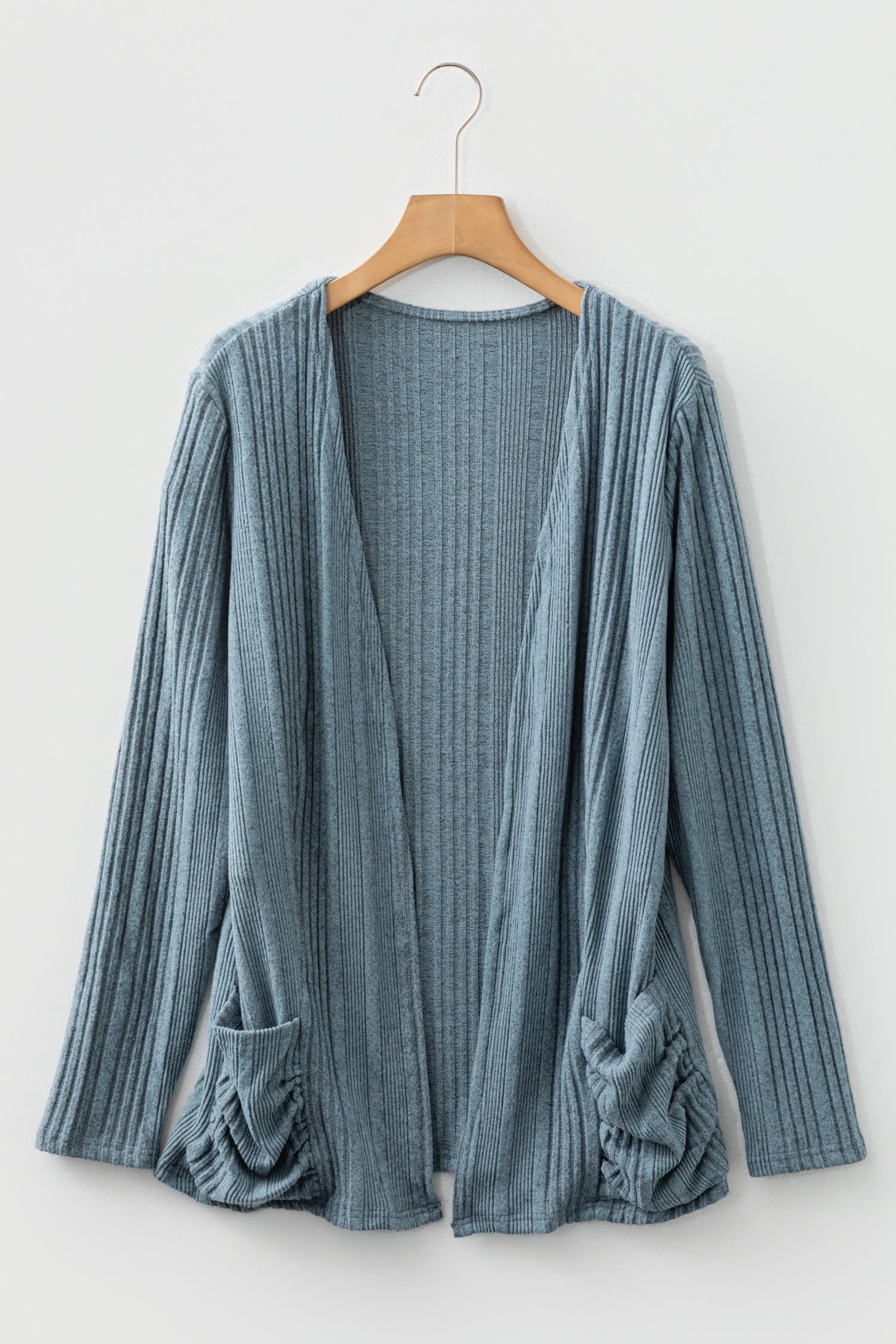 Stone Blue Ribbed Open Front Knitted Top with Pockets - Snoopy's Closet