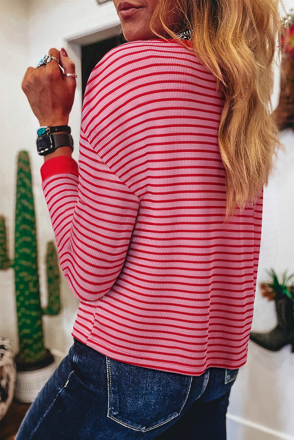 Pink Stripe Textured Round Neck Drop Shoulder Long Sleeve T Shirt - Snoopy's Closet
