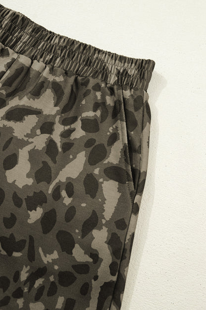 Brown Leopard Print Crew Neck Short Set - Snoopy's Closet